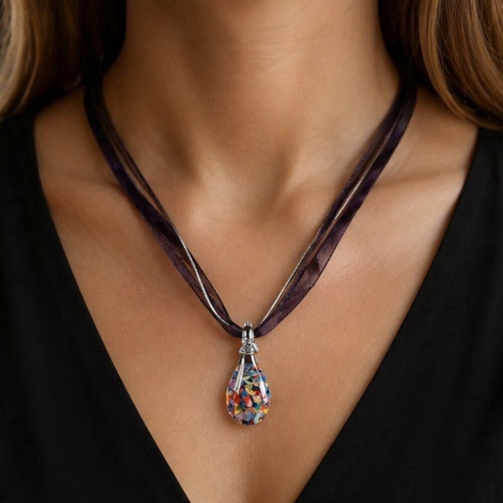 Art Glass Pendant Necklace Teardrop Fused Color Burst Black Ribbon Cord 18"